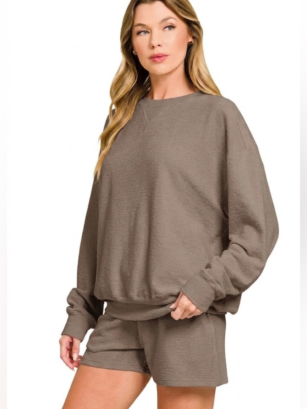 Zenana Slub Long Sleeve Top and Shorts Set Taupe NWT Size 1X